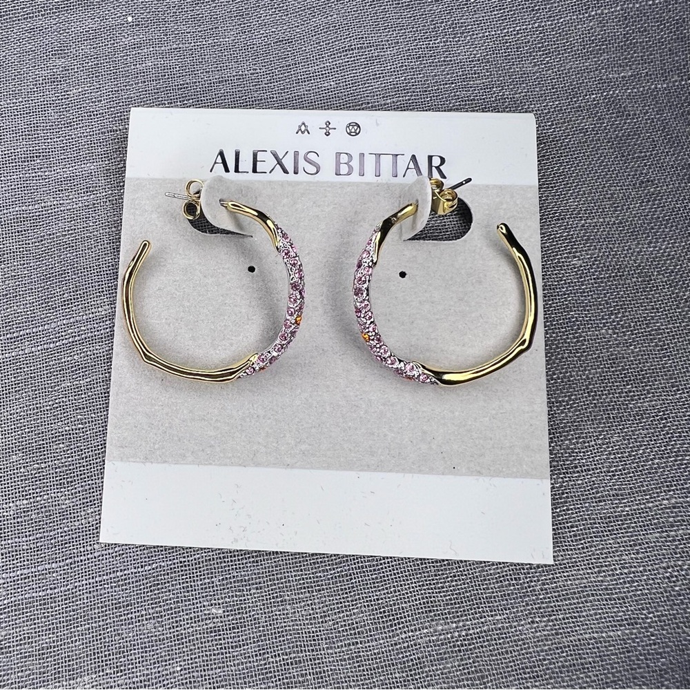 Alexis Bittar Gold Two-Tone Pave Hoop Earrings Candy Pink NEW